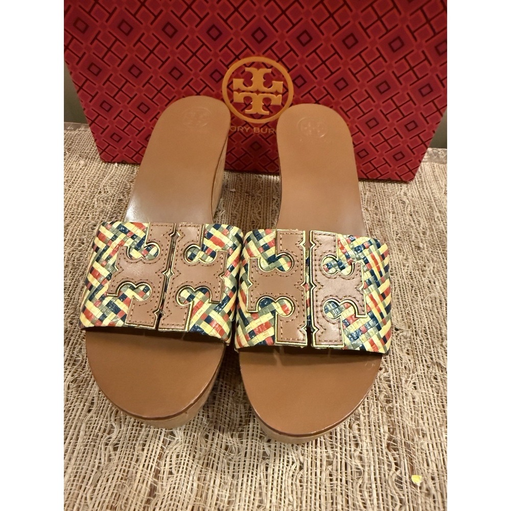 Tory Burch Ines Woven Multicolor Raffia Wedge Platform Slide Sandals Sz-8